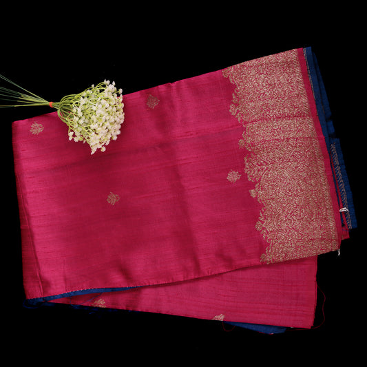 Pink Banarasi Raw Silk Saree | Blue Contrast Border | Wedding Silk Saree with Blouse