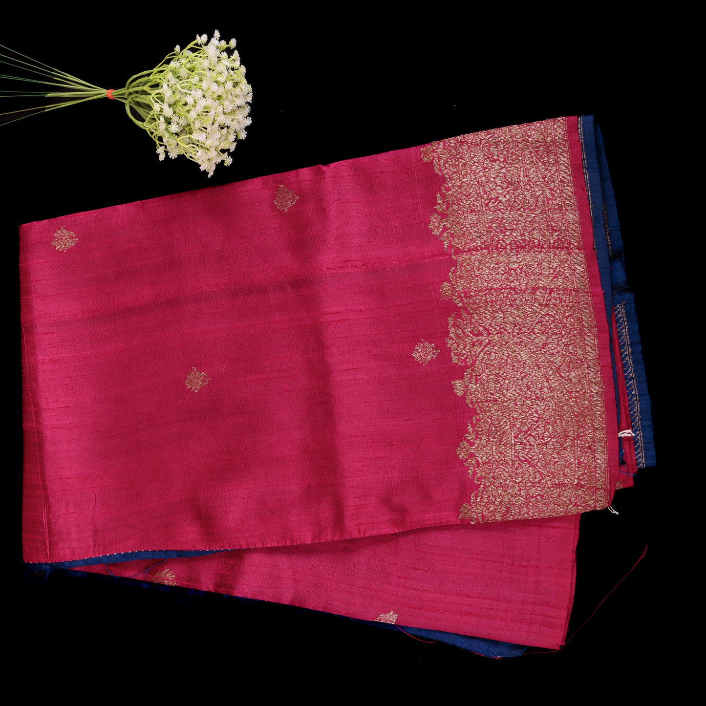 Pink Banarasi Raw Silk Saree | Blue Contrast Border | Wedding Silk Saree with Blouse
