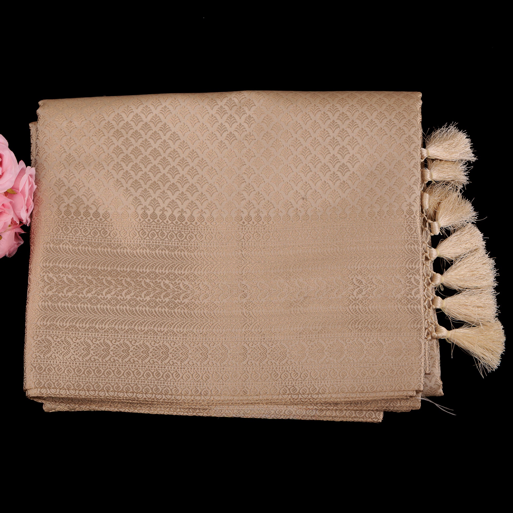 golden-beige-banarasi-silk-saree-brocade-weave-rich-tassels-wedding-wear