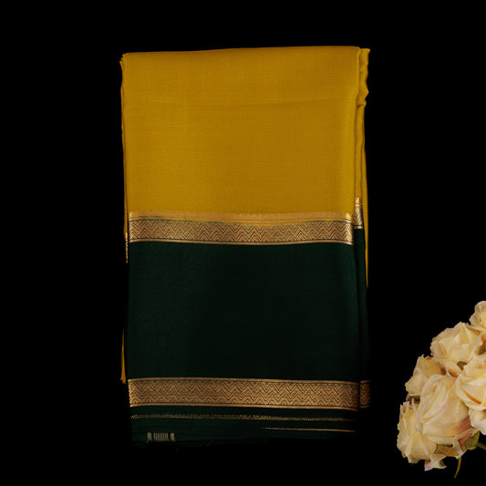 Yellow Green Mysore Silk Saree | Bottle Green Border | Pure Mysore Silk Wedding Saree