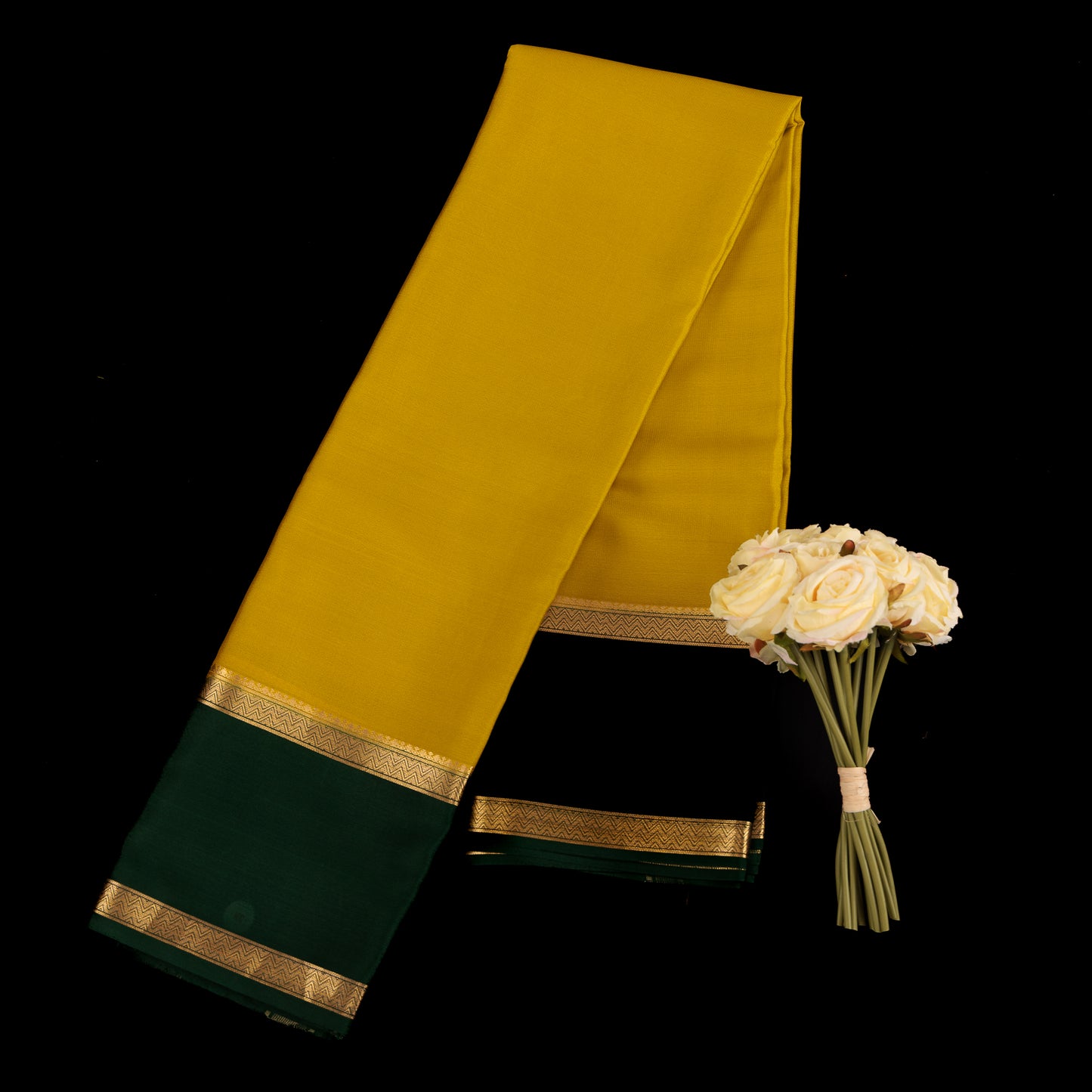 Yellow Green Mysore Silk Saree | Bottle Green Border | Pure Mysore Silk Wedding Saree