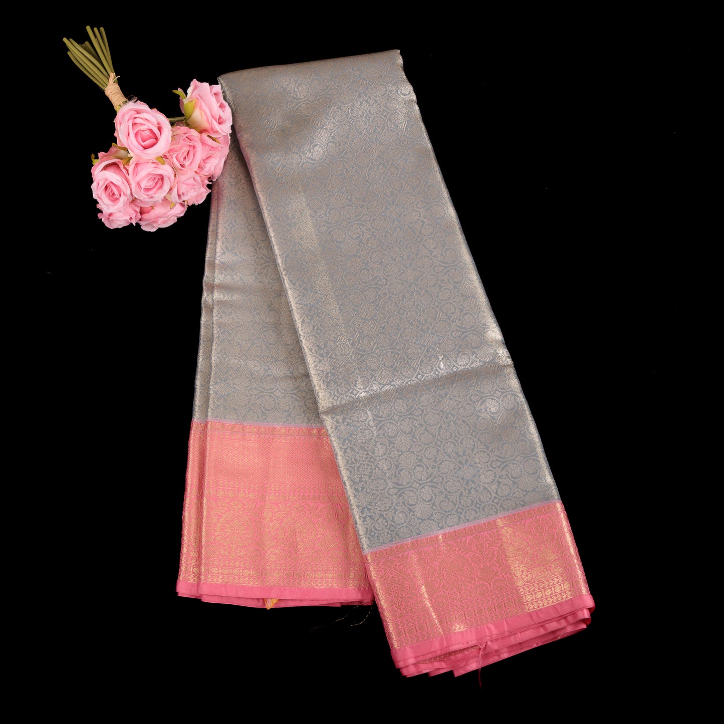 Bluish Grey Kanjivaram Saree | Pink Contrast Border Semi Silk | Wedding & Party Wear Saree