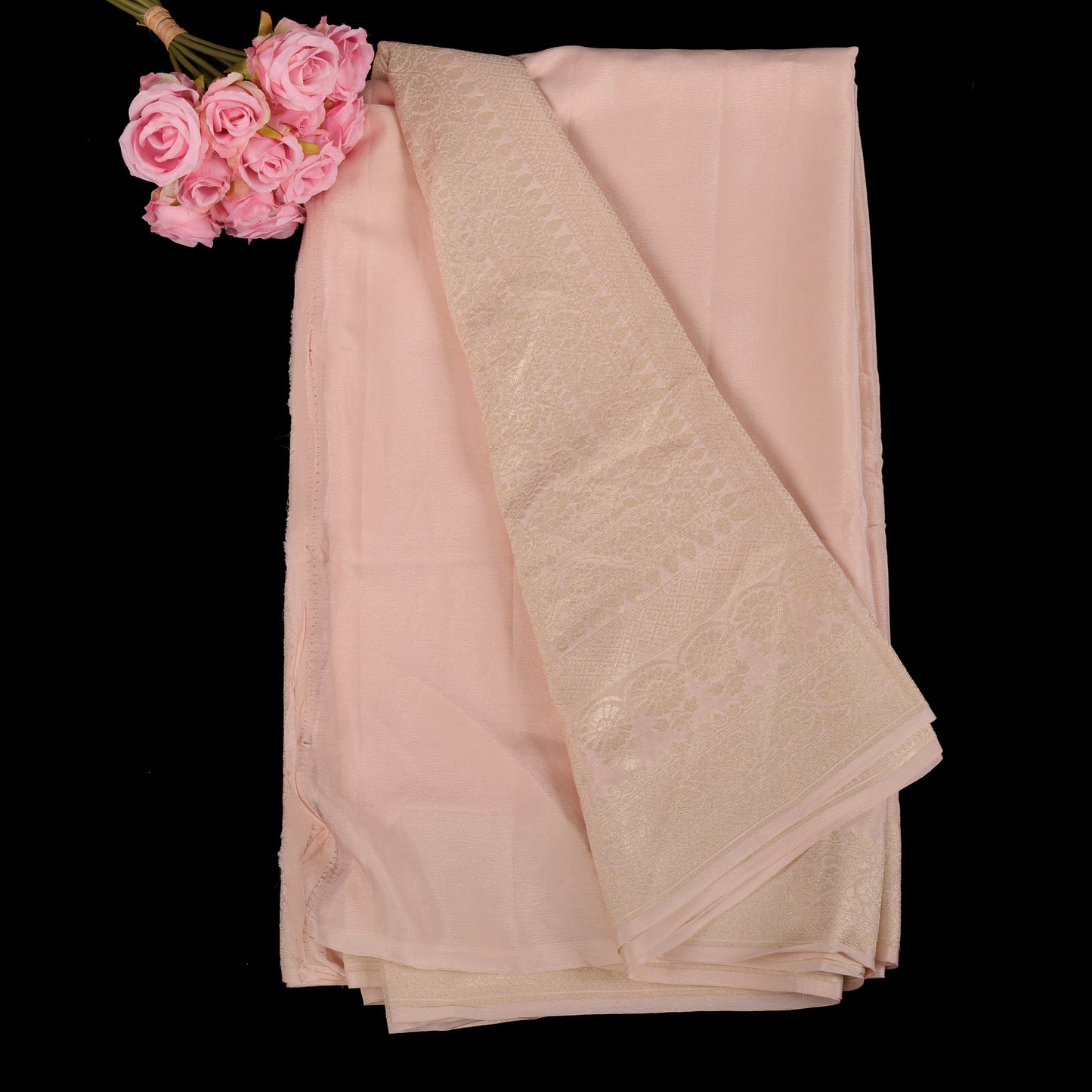 Light Pink Banarasi Crepe Saree | Pastel Silk Saree with Zari Border | Wedding & Party Wear