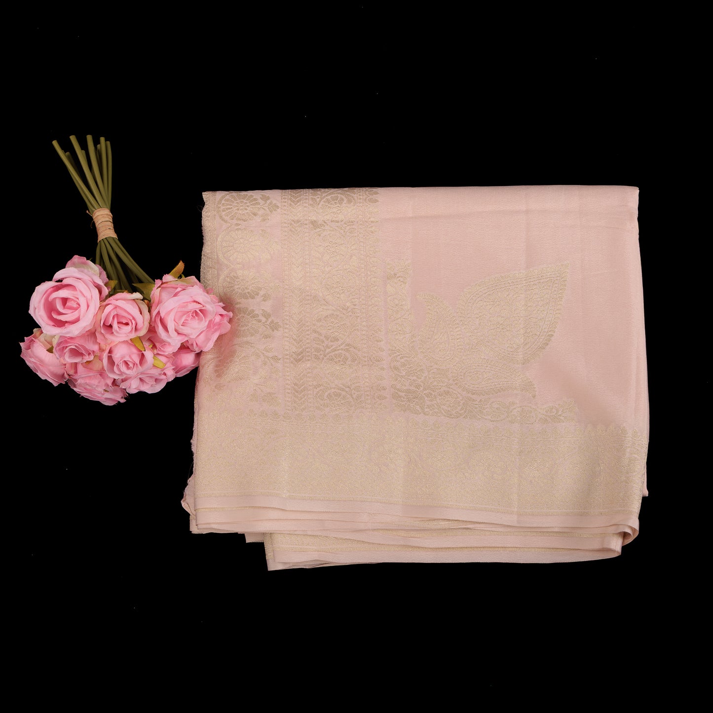 light-pastel-pink-banarasi-crepe-silk-saree-gold-zari-border-wedding-wear