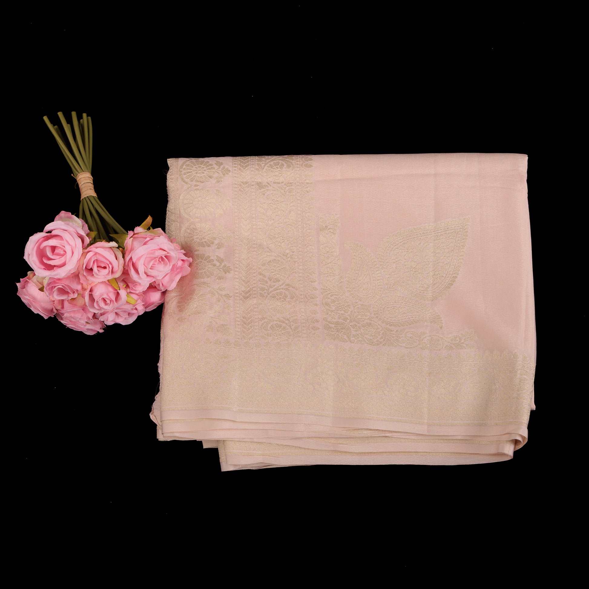 light-pastel-pink-banarasi-crepe-silk-saree-gold-zari-border-wedding-wear