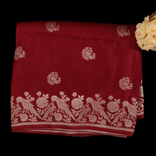 Maroon Banarasi Semi Crepe Saree | Gold Zari Bird Border Saree | Wedding & Party Wear Silk