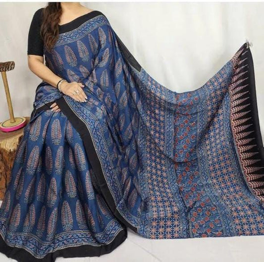 Blue Ajrak Modal Silk Saree for Women | Hand Block Printed Silk Ajrak Modal Silk Saree