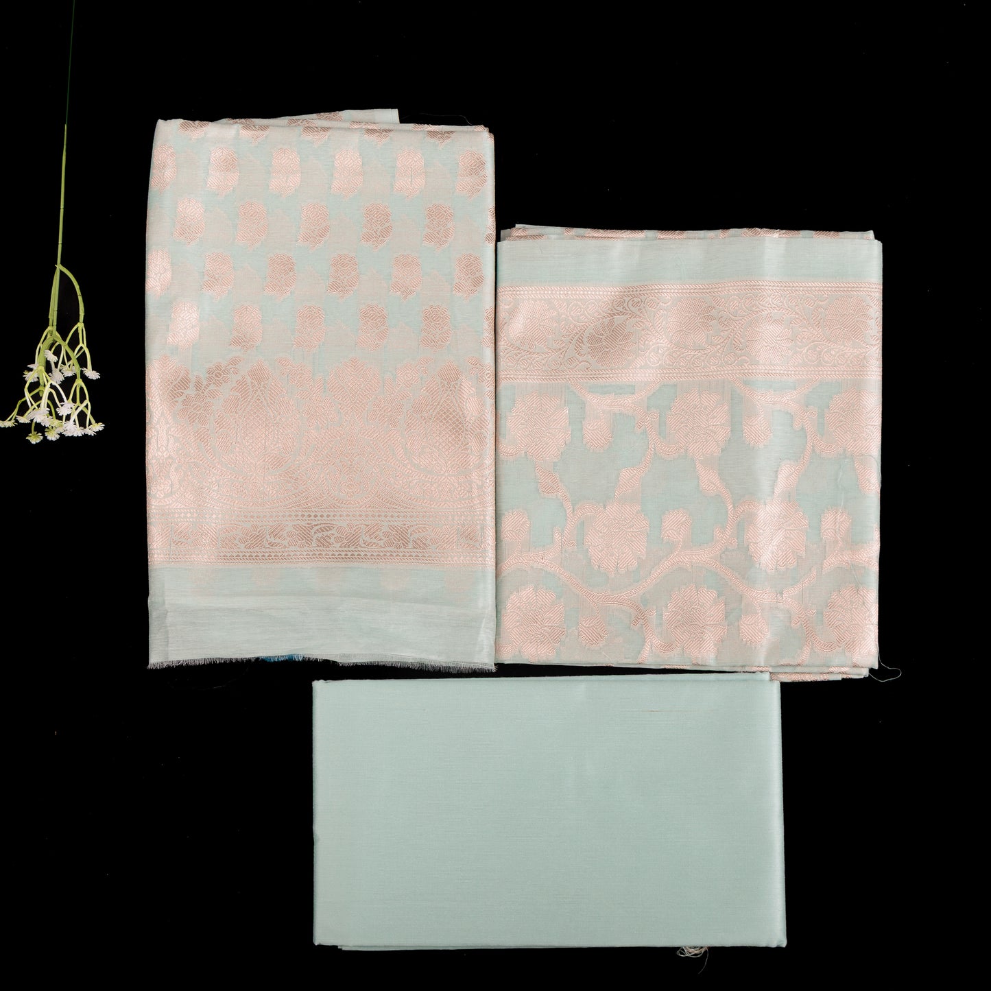 Mysore Silk Unstitched Suit | 3 Piece Silk Suit Set | Sea-Foam Green Wedding Suit for Women