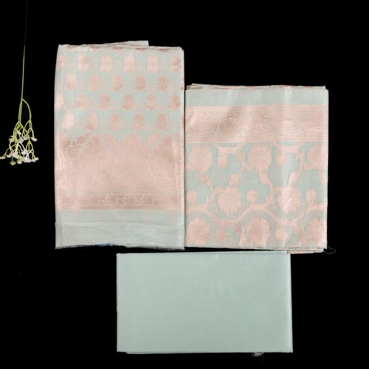 Mysore Silk Unstitched Suit | 3 Piece Silk Suit Set | Sea-Foam Green Wedding Suit for Women