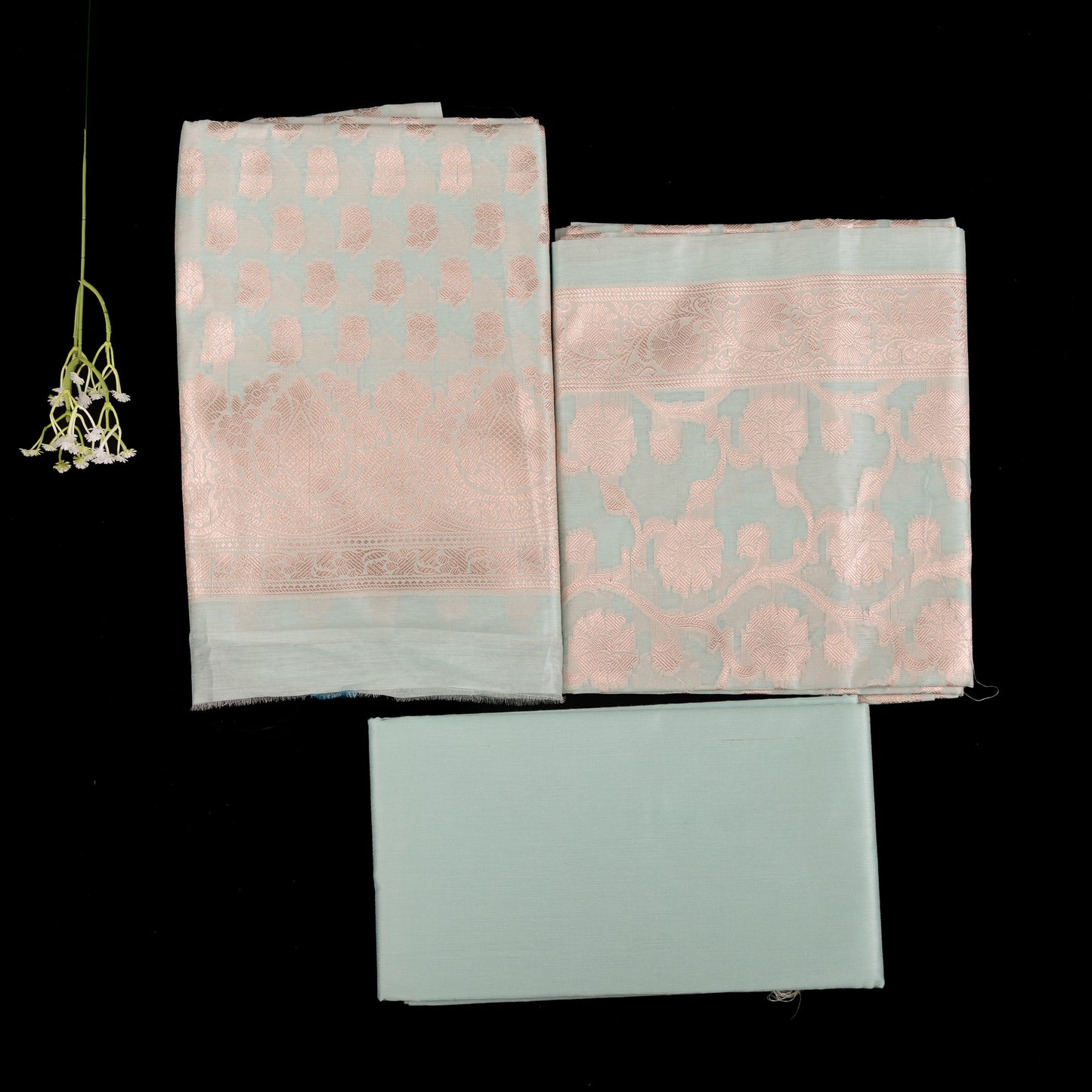 Mysore Silk Unstitched Suit | 3 Piece Silk Suit Set | Sea-Foam Green Wedding Suit for Women