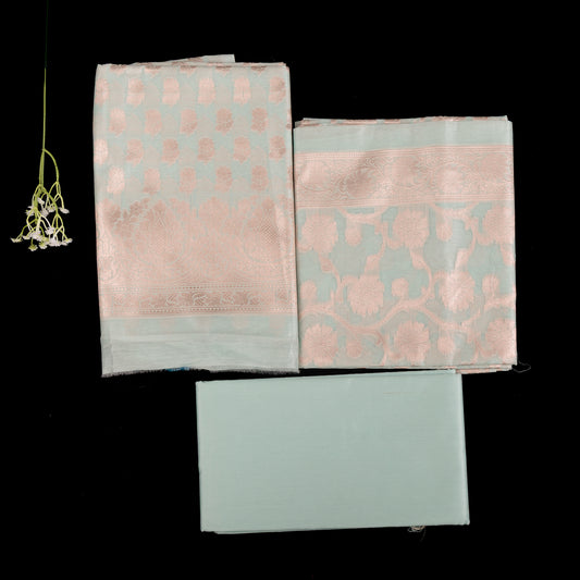 Mysore Silk Unstitched Suit | 3 Piece Silk Suit Set | Sea-Foam Green Wedding Suit for Women