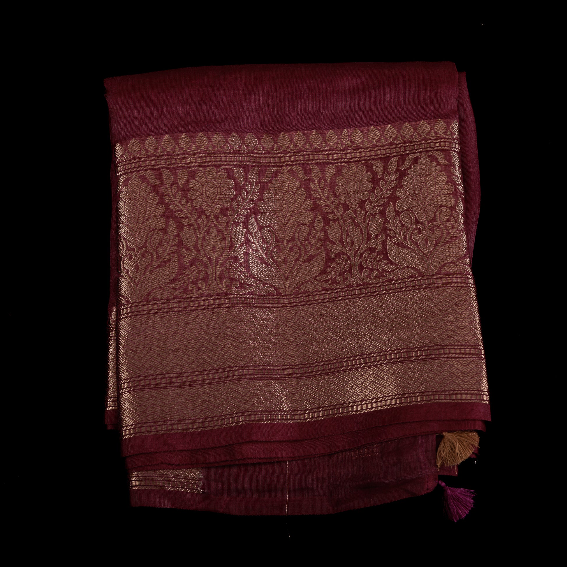 deep-wine-banarasi-linen-silk-saree-gold-zari-floral-border-wedding-wear