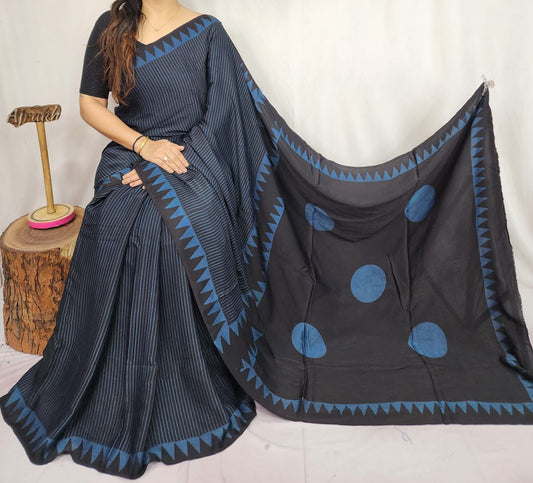 Black and blue Ajrak Modal Silk Saree | Traditional Hand Block Printed Ethnic Saree for Women