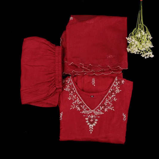 Red Dolo Silk Stitched Suit | Designer Embroidered Silk Suit Set | Women's Party Wear Red Salwar Kameez