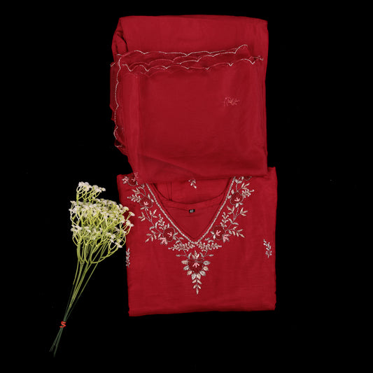 Red Dolo Silk Stitched Suit | Designer Embroidered Silk Suit Set | Women's Party Wear Red Salwar Kameez