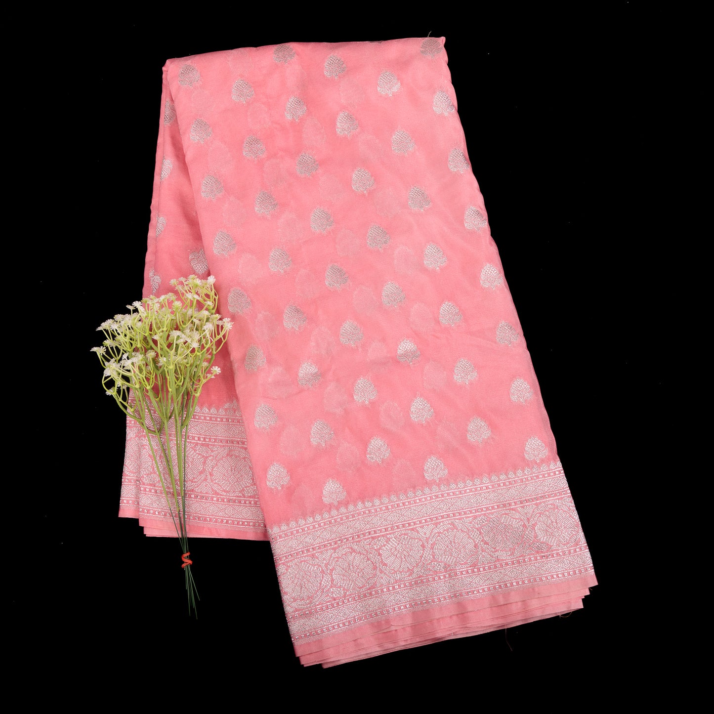 Pink Banarasi Semi Silk Saree | Silver Zari Semi Silk Saree | Pink & Silver Wedding Saree | Designer Banarasi Silk