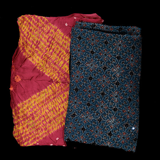 Shibori Modal Silk Suit | 2 Piece Unstitched Suit Set | Pink Shibori Top with Mirror Work Dupatta | Party Wear Silk Suit