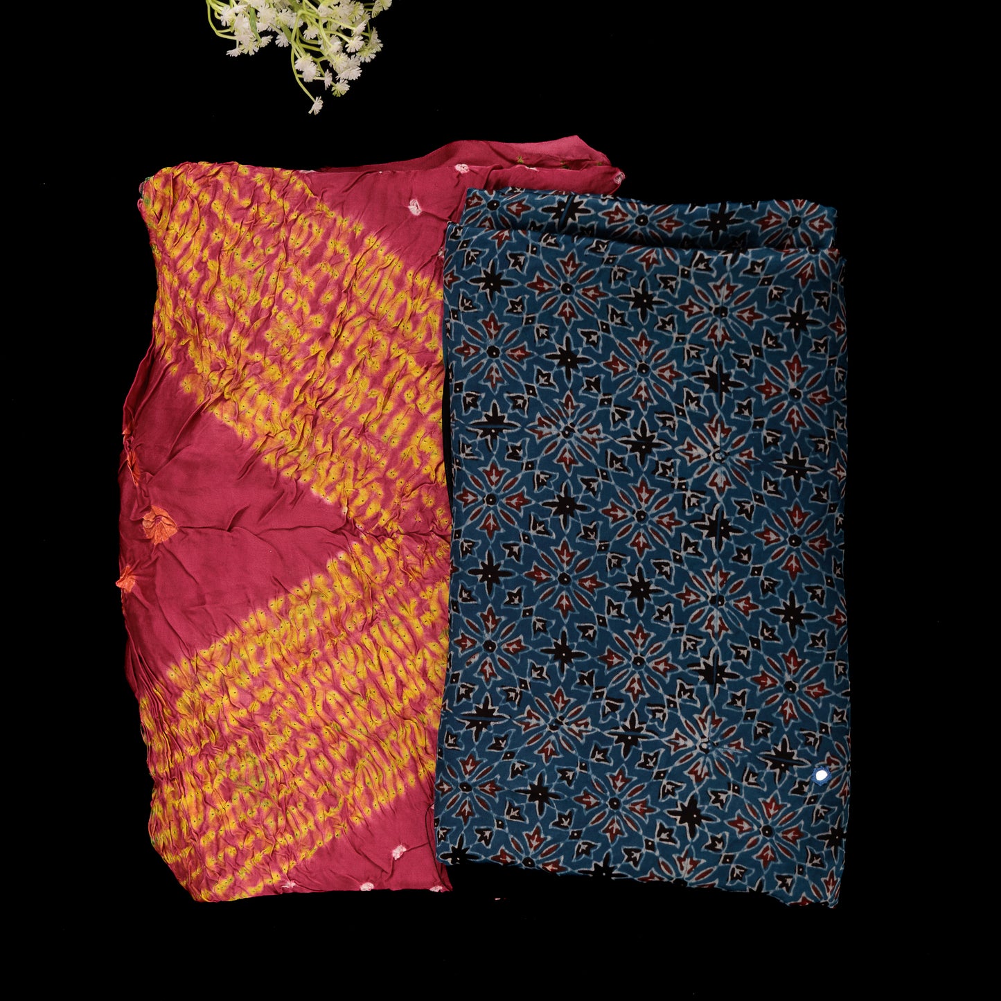 Shibori Modal Silk Suit | 2 Piece Unstitched Suit Set | Pink Shibori Top with Mirror Work Dupatta | Party Wear Silk Suit