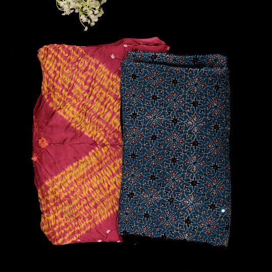 Shibori Modal Silk Suit | 2 Piece Unstitched Suit Set | Pink Shibori Top with Mirror Work Dupatta | Party Wear Silk Suit