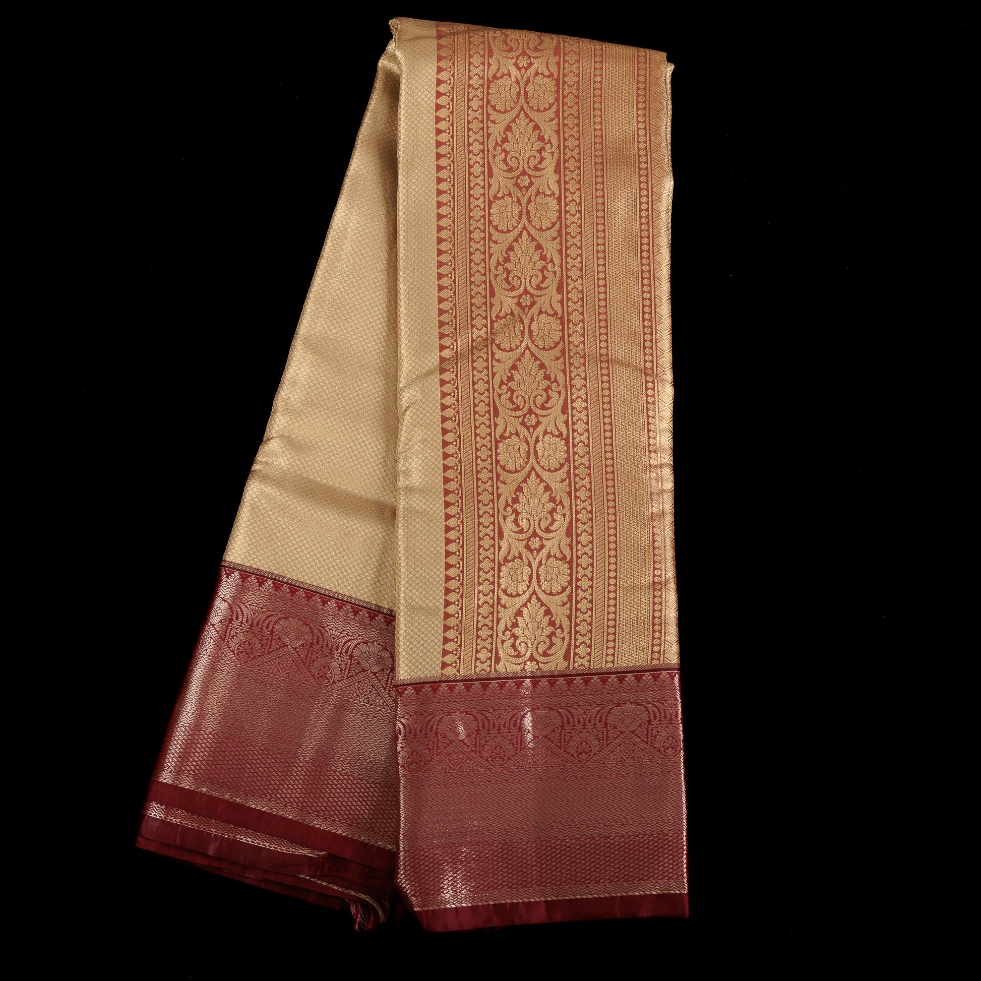 gold-tissue-kanjivaram-semi-silk-saree-maroon-brocade-border-wedding-wear