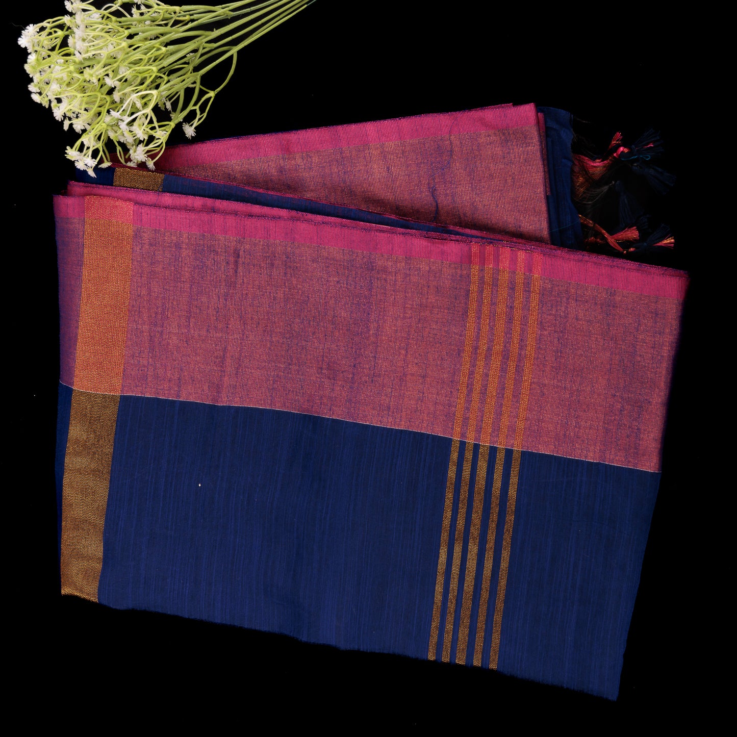 Royal Blue Cotton Silk Saree | Pink Contrast Border Saree | Blue & Pink Party Wear Saree | Lightweight Silk Cotton Saree