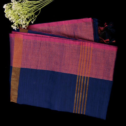 Royal Blue Cotton Silk Saree | Pink Contrast Border Saree | Blue & Pink Party Wear Saree | Lightweight Silk Cotton Saree