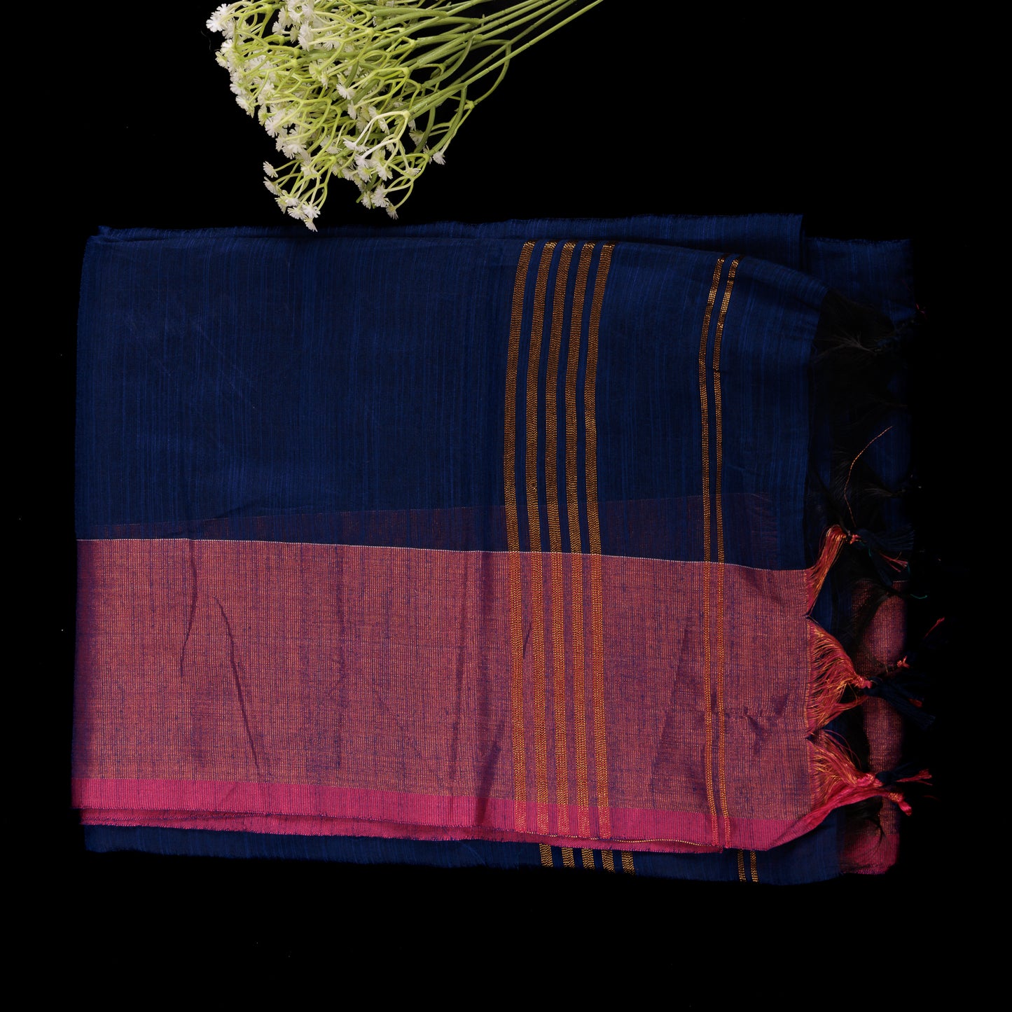 Royal Blue Cotton Silk Saree | Pink Contrast Border Saree | Blue & Pink Party Wear Saree | Lightweight Silk Cotton Saree