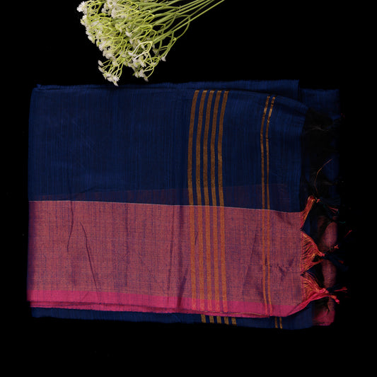 Royal Blue Cotton Silk Saree | Pink Contrast Border Saree | Blue & Pink Party Wear Saree | Lightweight Silk Cotton Saree
