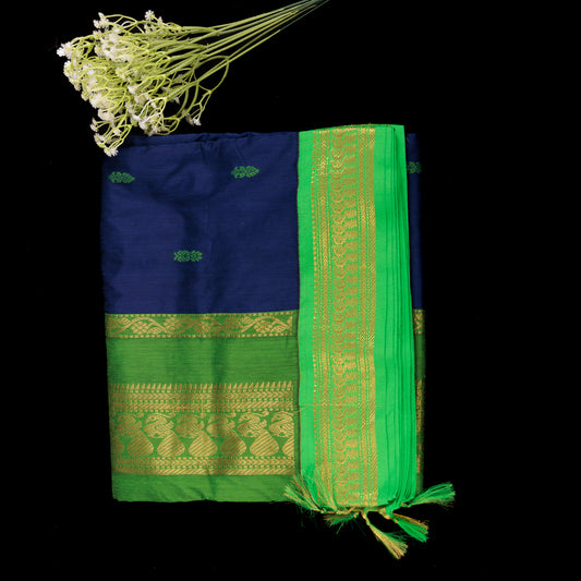 royal-blue-parrot-green-cotton-silk-saree-gold-zari-border-festive-wear