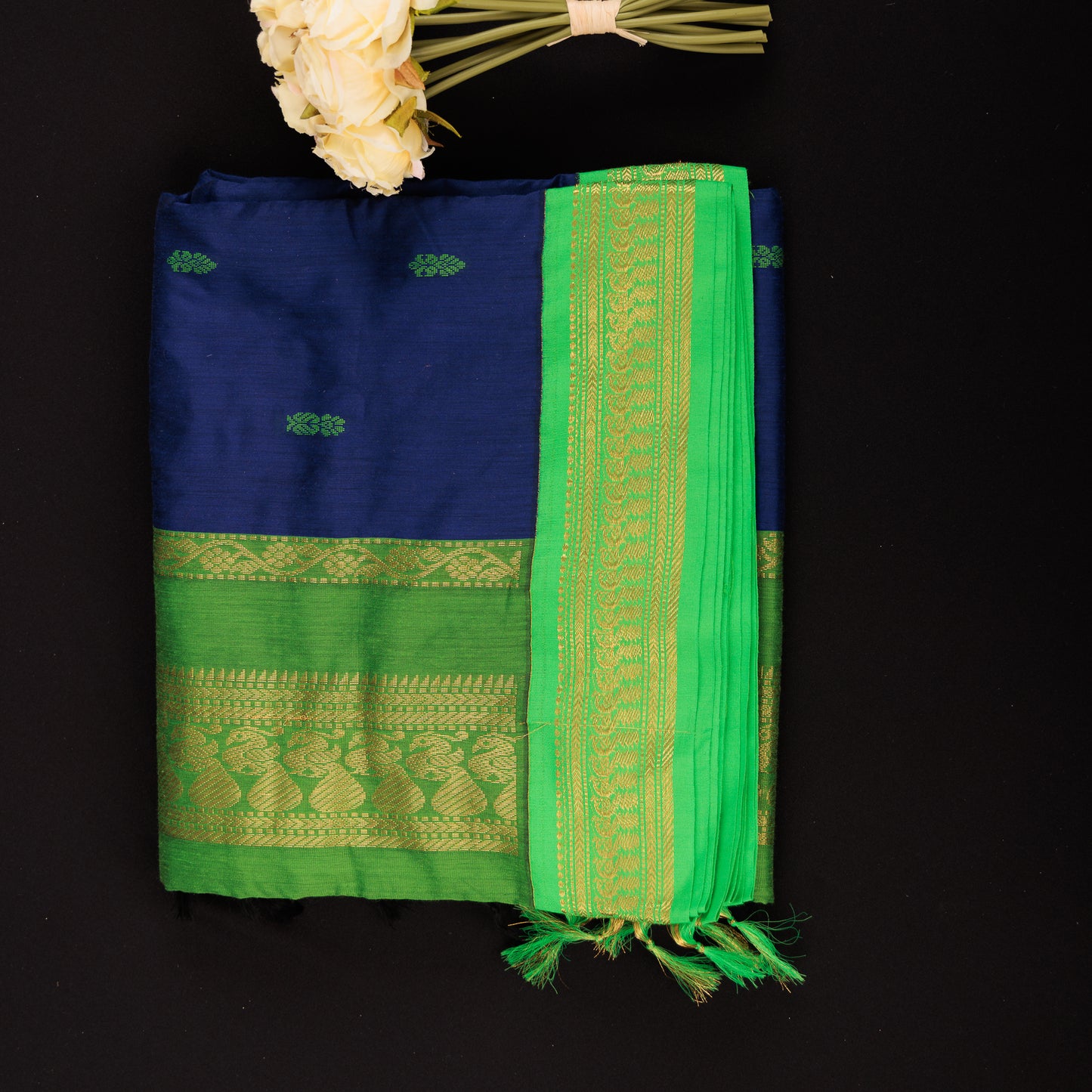 Blue and Green Cotton Silk Saree | Gold Zari Border Silk Cotton | Festive Wear Blue Saree | Contrast Border Designer Saree