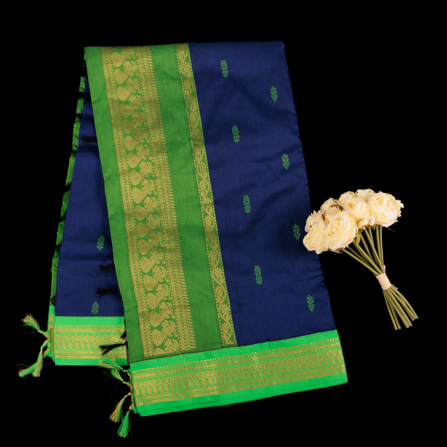 Blue and Green Cotton Silk Saree | Gold Zari Border Silk Cotton | Festive Wear Blue Saree | Contrast Border Designer Saree
