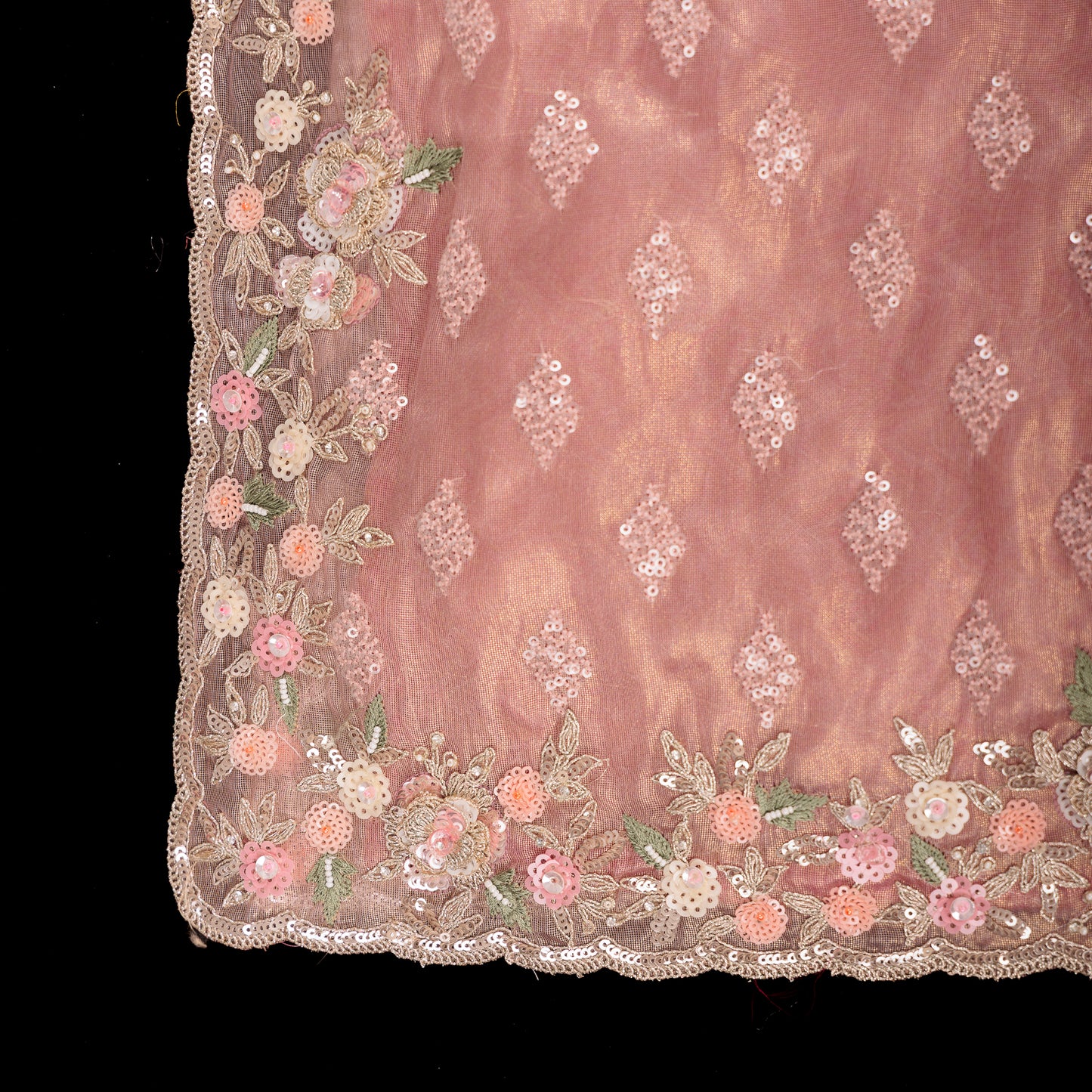 Pink Tissue Organza Saree | Pastel Pink Party Wear Saree | Hand-Embroidered Organza Silk | Designer Scalloped Border Saree