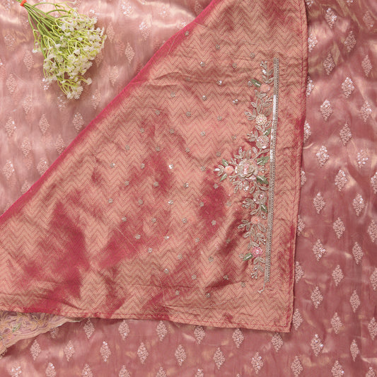 Pink Tissue Organza Saree | Pastel Pink Party Wear Saree | Hand-Embroidered Organza Silk | Designer Scalloped Border Saree