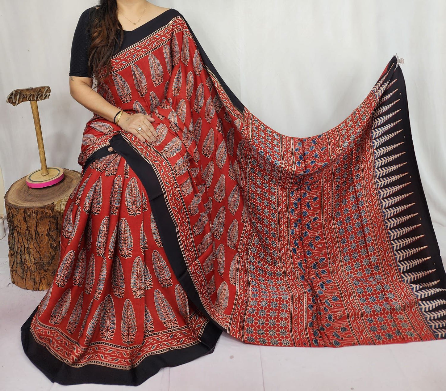 Red Ajrakh Modal Silk Saree for Women | Hand Block Printed Silk Ajrak Modal Silk Saree