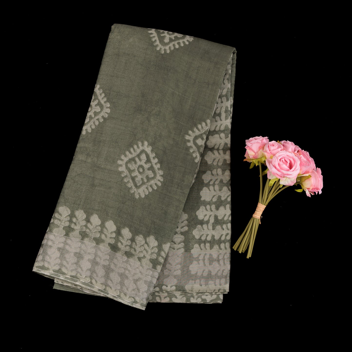 Olive Green Linen Saree | Linen Cotton Saree for Women | Silver Zari Work Linen Saree | Party Wear Olive Green Saree