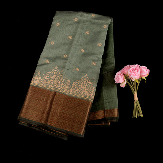 Green Cotton Silk Saree | Self Design Thread Work Saree | Forest Green Embroidered Saree | Traditional Cotton Silk for Party Wear