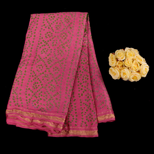 Pink Bandhani Saree | Georgette Bandhej Saree | Pink & Green Wedding Saree | Designer Bandhani with Contrast Blouse | Party Wear Georgette