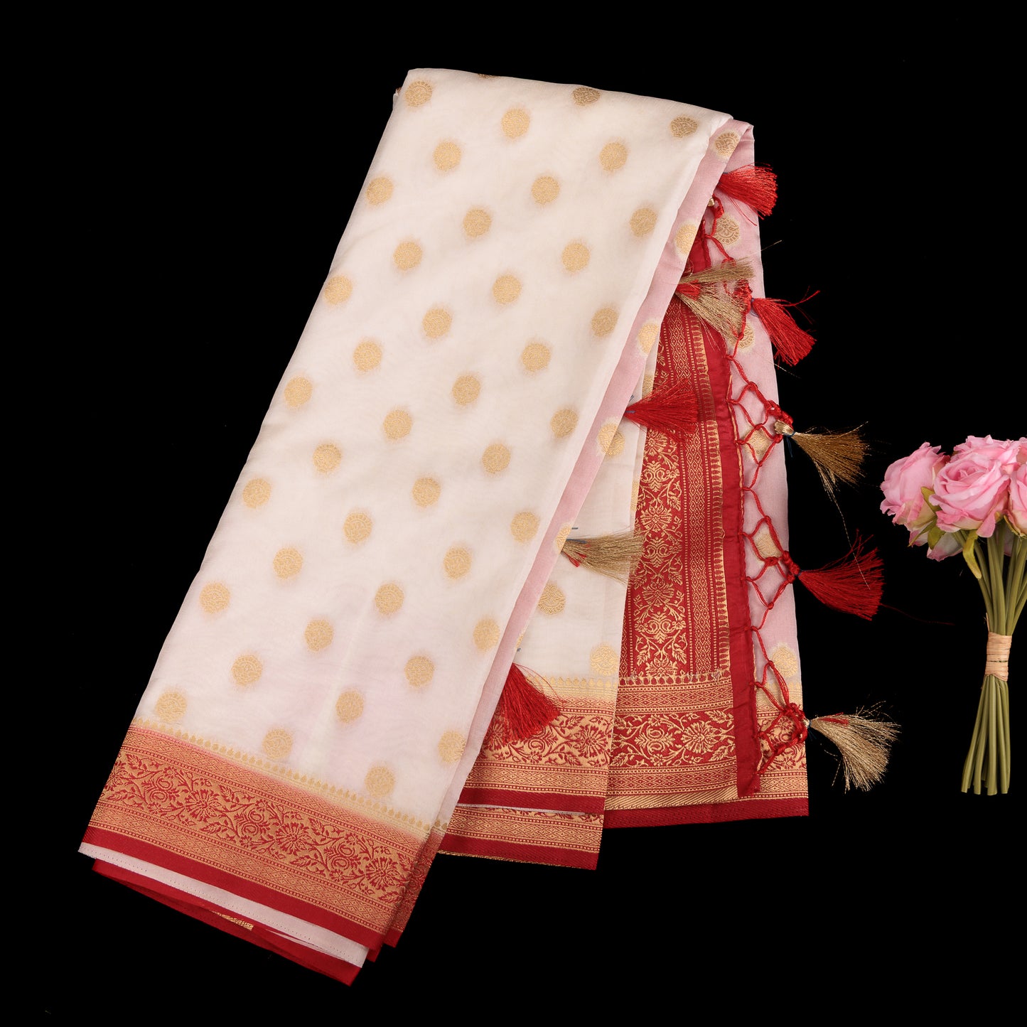 Ivory Tissue Silk Saree | White & Red Wedding Saree | Gold Polka Dot Tissue Saree | Designer Tissue Silk for Bridesmaids | Party Wear Tissue Saree
