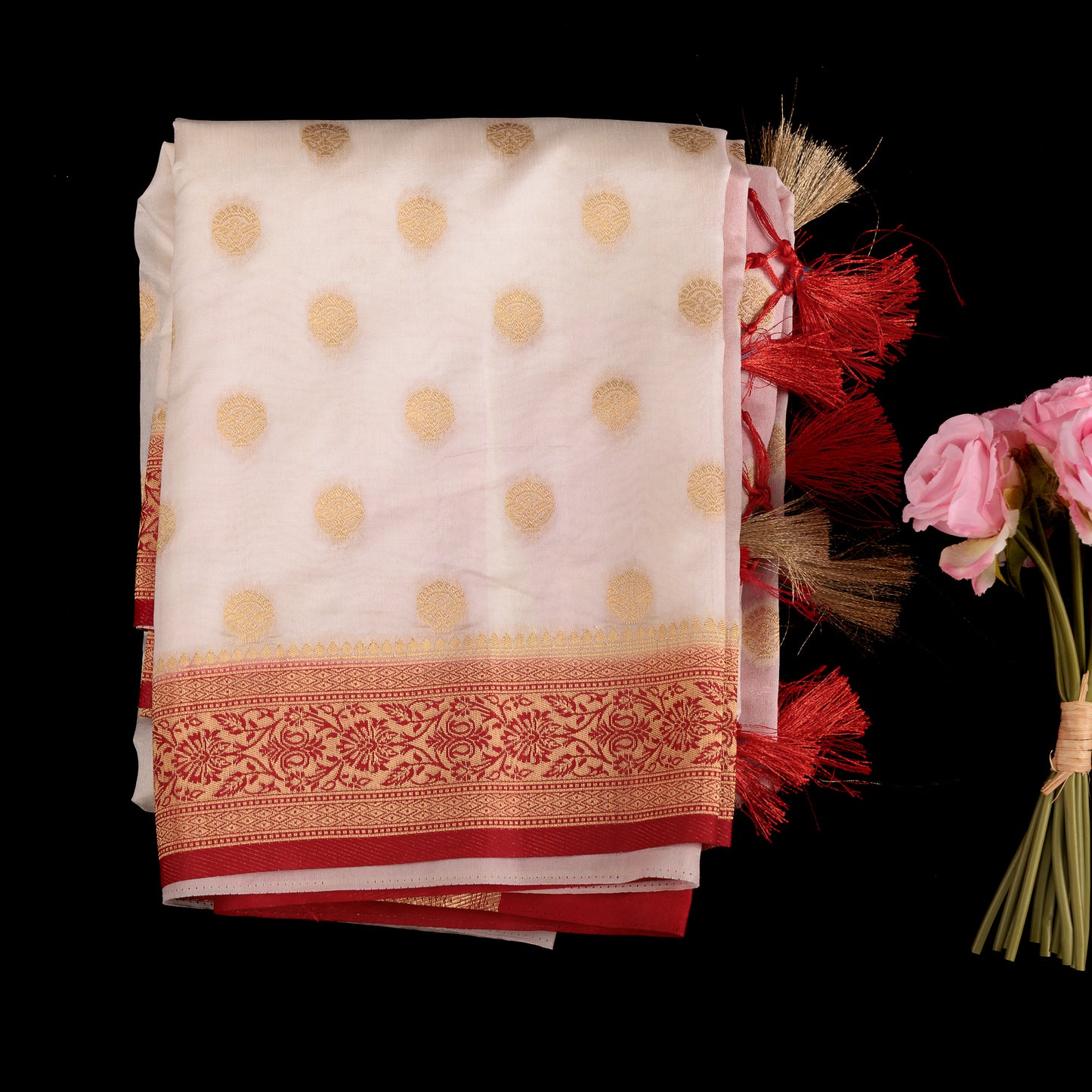 Ivory Tissue Silk Saree | White & Red Wedding Saree | Gold Polka Dot Tissue Saree | Designer Tissue Silk for Bridesmaids | Party Wear Tissue Saree