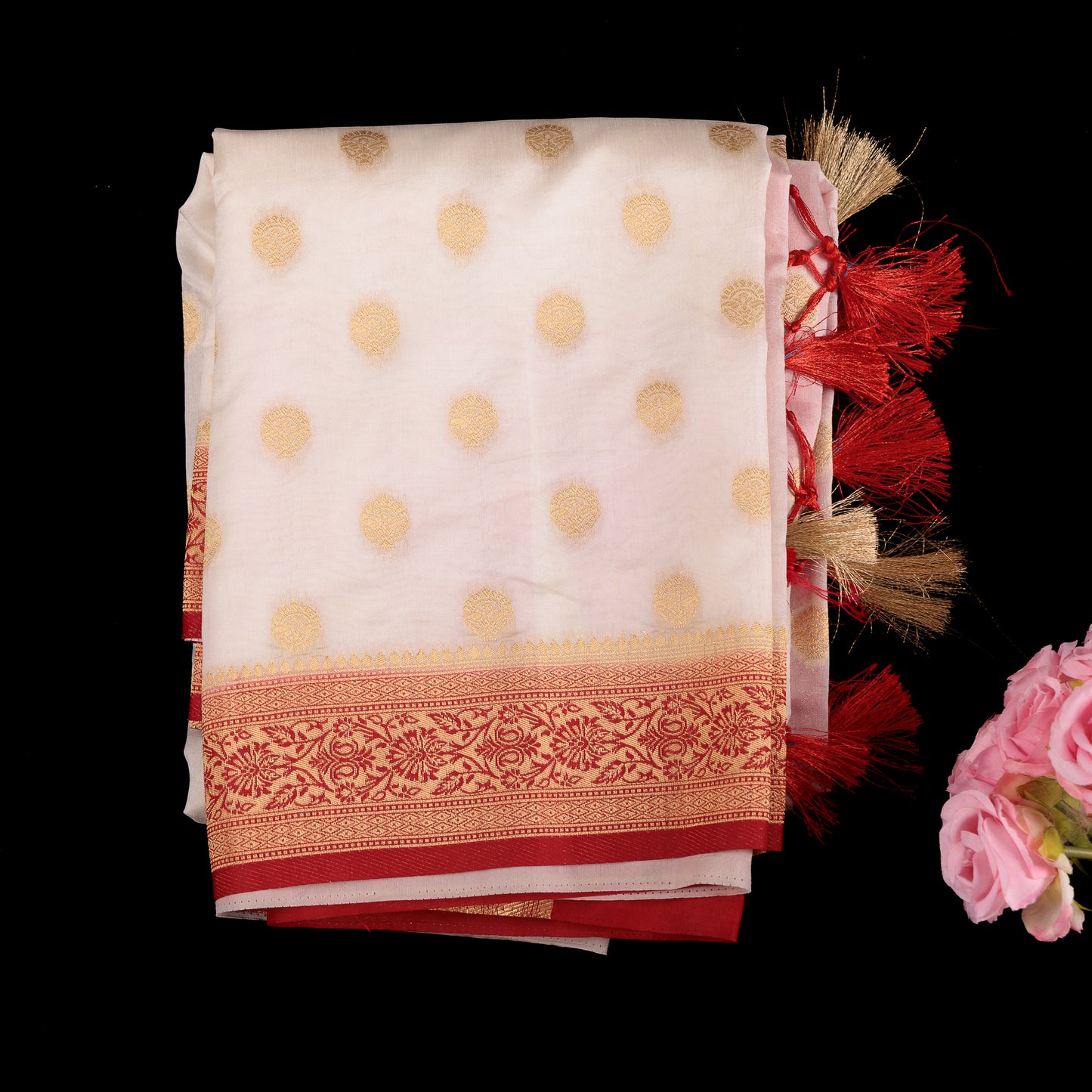 Ivory Tissue Silk Saree | White & Red Wedding Saree | Gold Polka Dot Tissue Saree | Designer Tissue Silk for Bridesmaids | Party Wear Tissue Saree