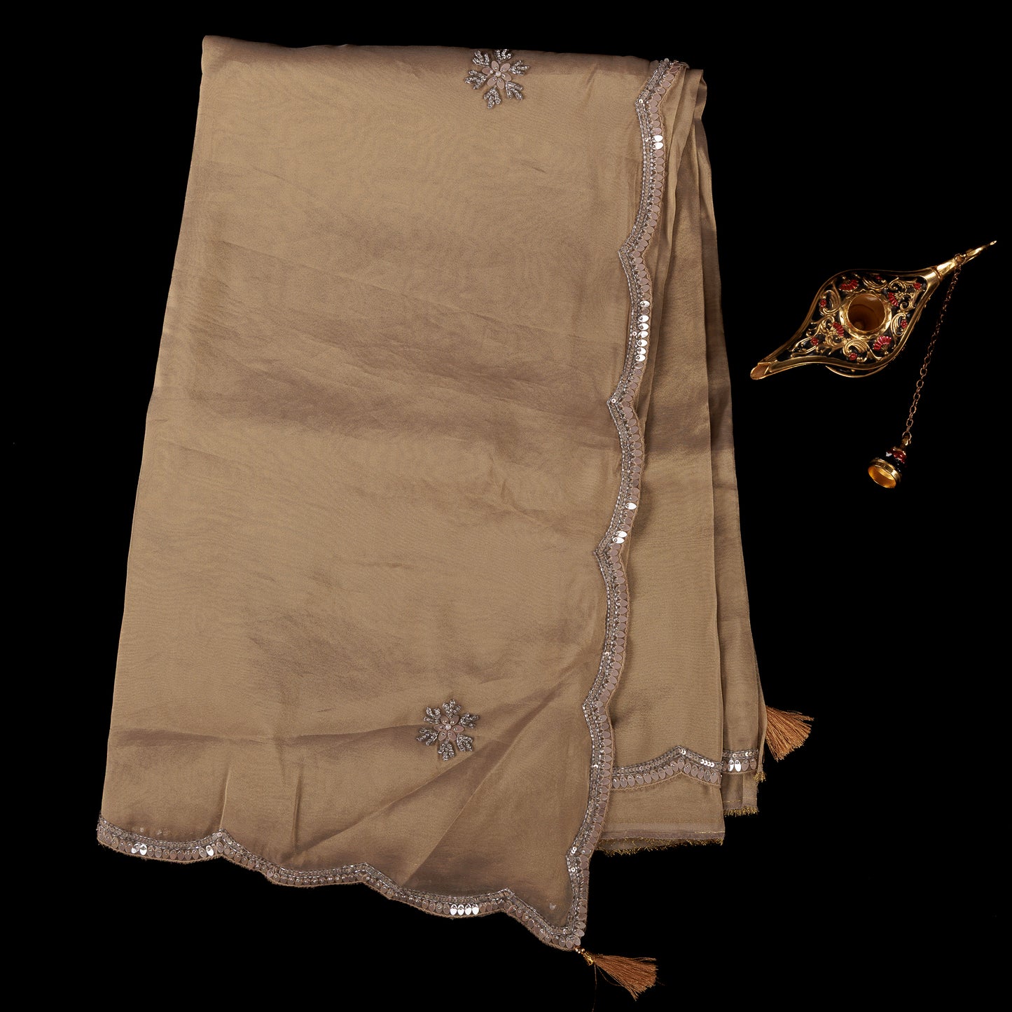 Golden Handwork Embroidered Tissue Silk Party Wear Saree for Women