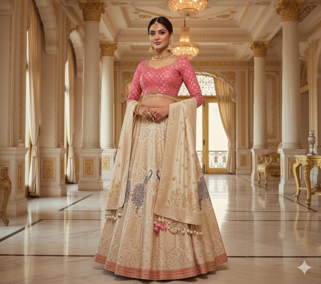 Ethereal Beige and Gold Banarasi Lehenga | Wedding Lehengas
