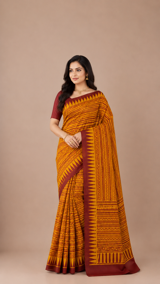 Bishnupuri 3-Ply Silk Saree | Handblock Printed Pure Silk | Festive