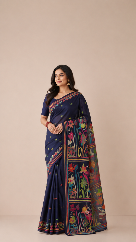 Kantha Stitch Saree-Blue