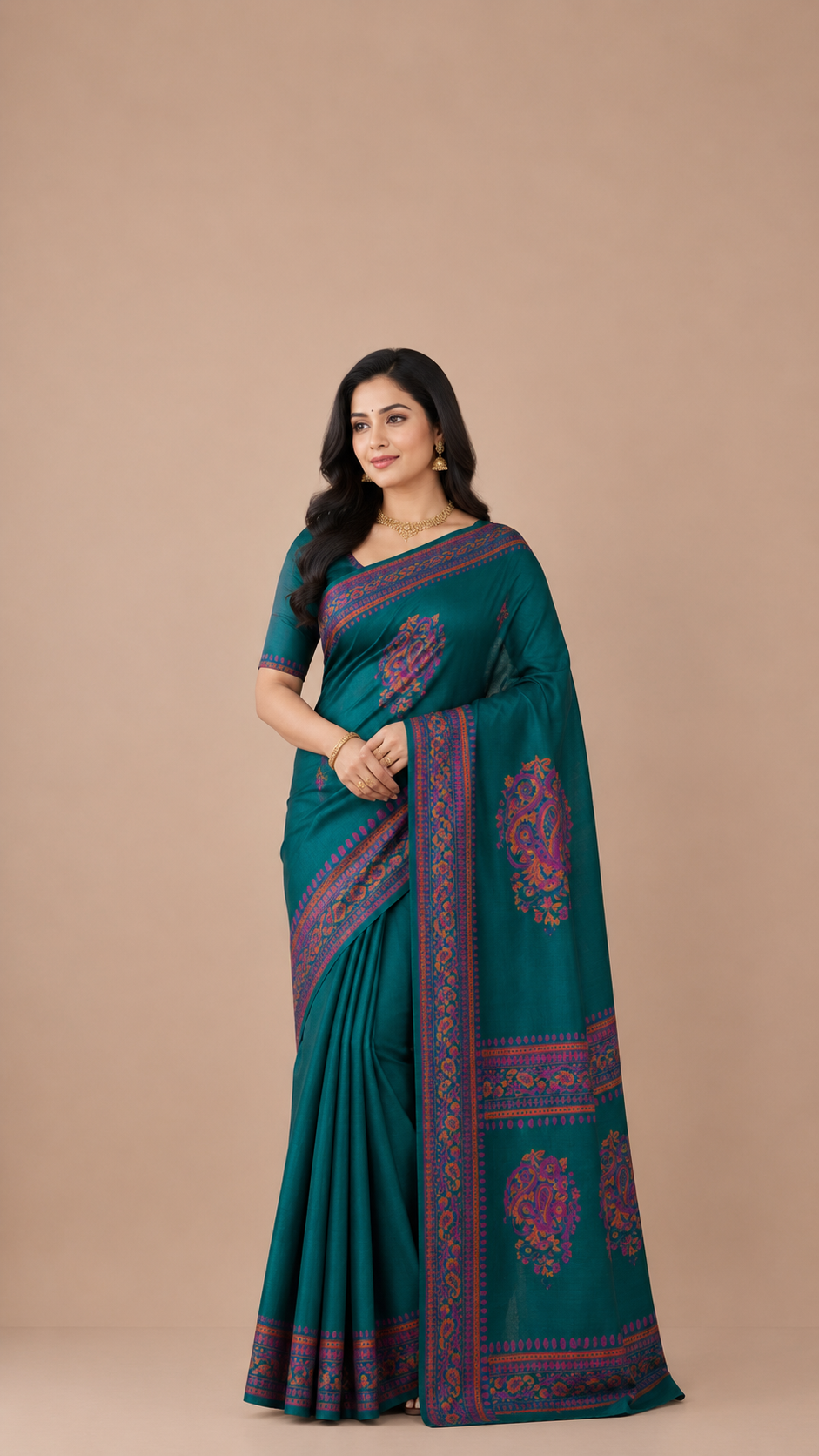 Teal Green Mulberry Silk Saree | Marron Hand Block Printed Designer Party Wear Saree