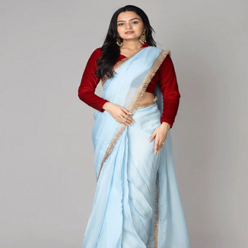Beautiful Blue lace trimmed Viscose Organza| Ready to Wear