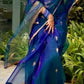 Chanderi Silk Saree -Blue with Gold Buti & Zari Border