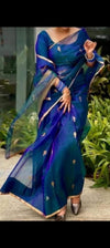 Chanderi Silk Saree -Blue with Gold Buti & Zari Border