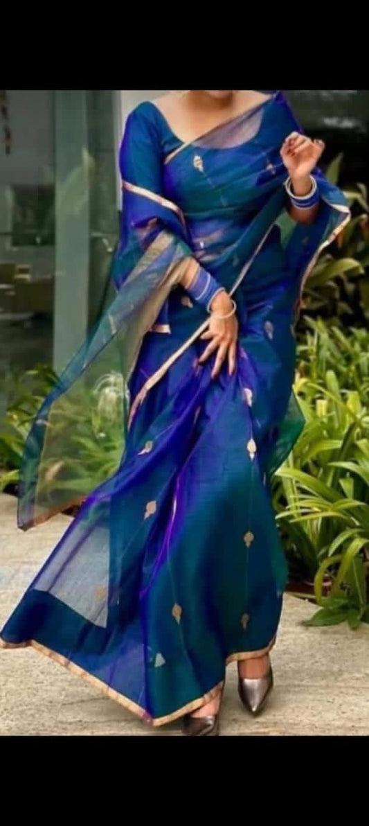 Chanderi Silk Saree -Blue with Gold Buti & Zari Border
