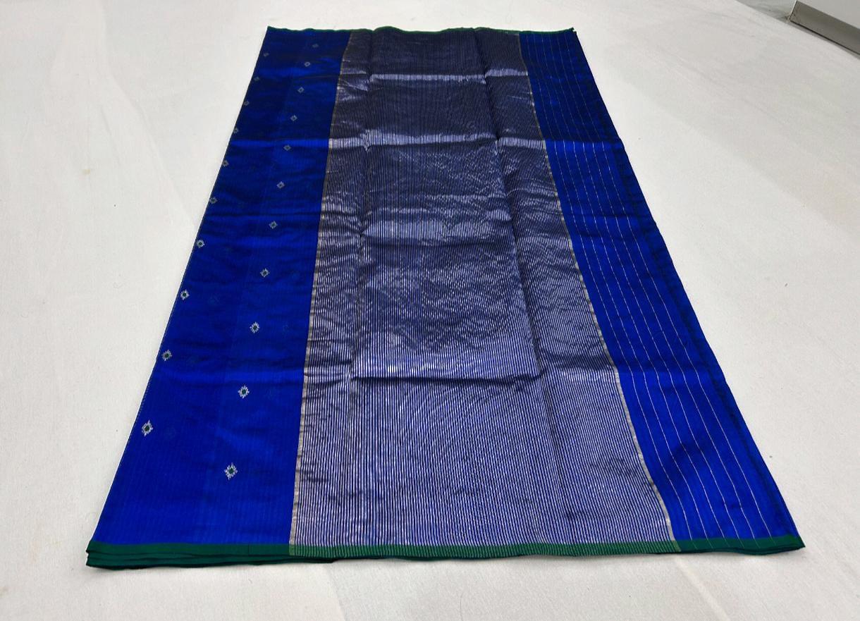 Chanderi Pattu Silk Saree – Royal Blue with Silver Buti & Green Border